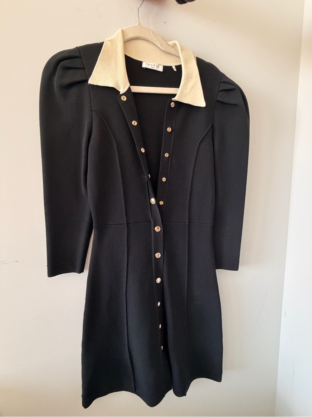 Sandro Paris - Long-Sleeve Black Dress with Cream Collar and Gold Buttons